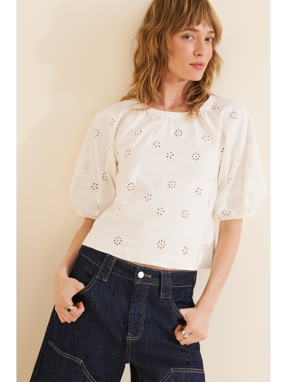 FREE PEOPLE Jessie Eyelet three quarter sleeve